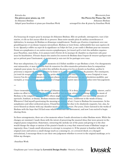 Six pièces, op. 118 de Brahms adaptées pour hautbois et piano