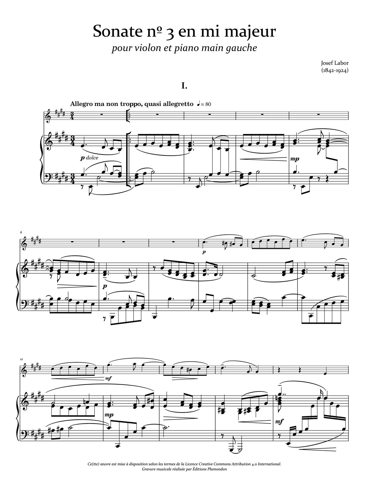 La Sonate nº 3 en mi majeur pour violon et piano main gauche de Josef Labor