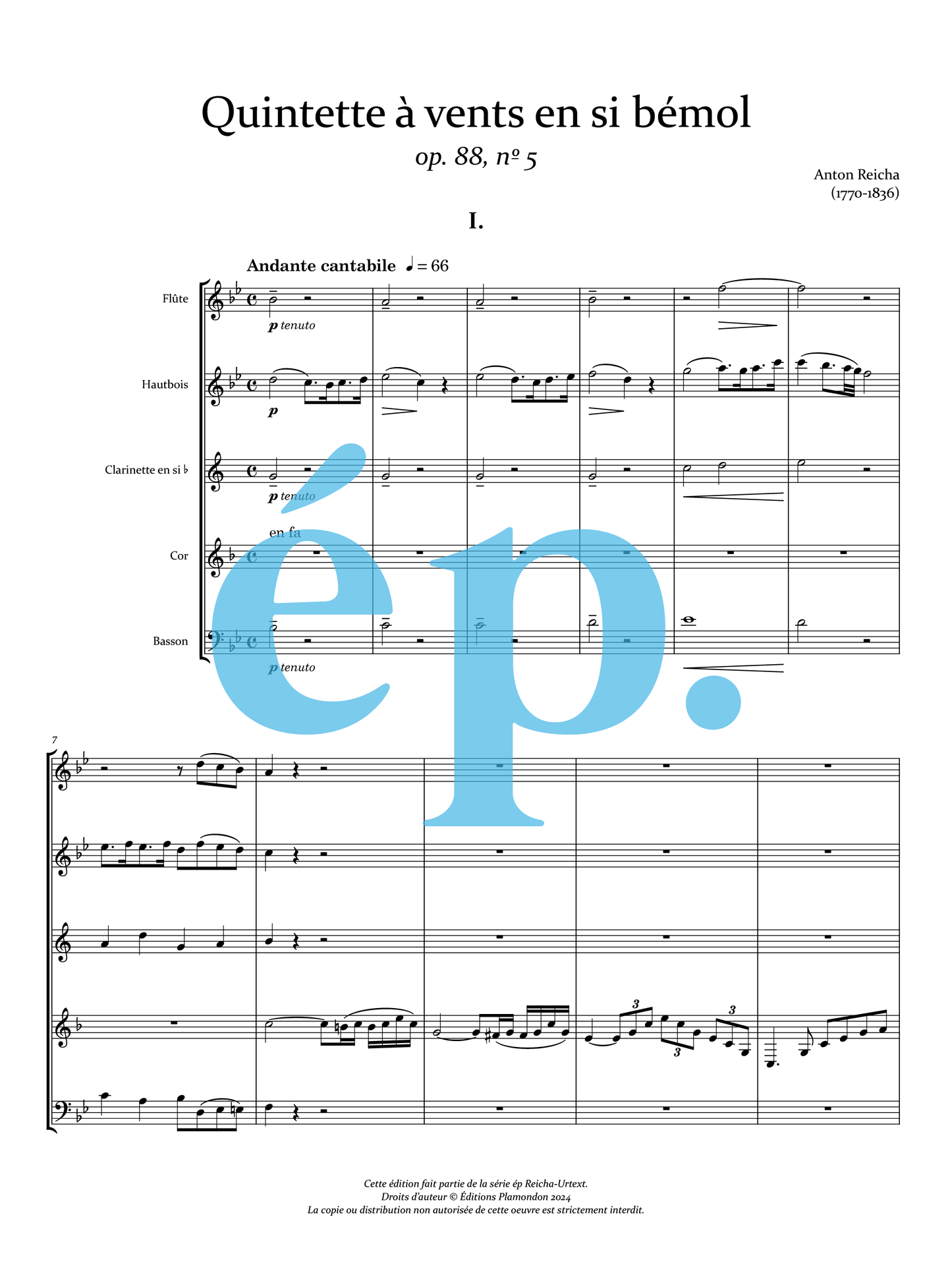 Anton Reicha's Woodwind Quintet in B-flat op. 88 no. 5 [Digital Download]