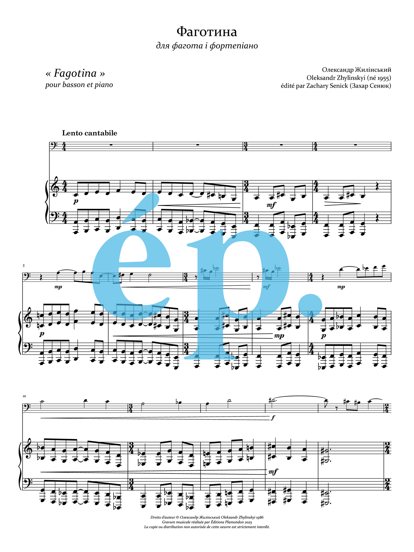 Oleksandr Zhylinskyi's "Fagotina" for bassoon and piano [Digital Download]